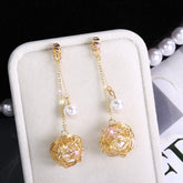Gold thread wrapped pearl earrings -E859G