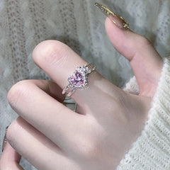 Double Rose Quartz zircon Love stone sculpted open ring -J2303S