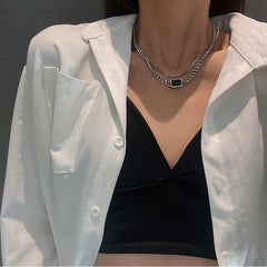 Silver obsidian double chain Overlay necklace -X313S