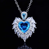 Heart Angel Wings Pendant Imitation Aquamarine Necklace -D1297BLU