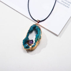 Natural blue agate cave with amethyst gold side pendant -20210828B