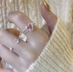 Double Rose Quartz zircon Love stone sculpted open ring -J2303S