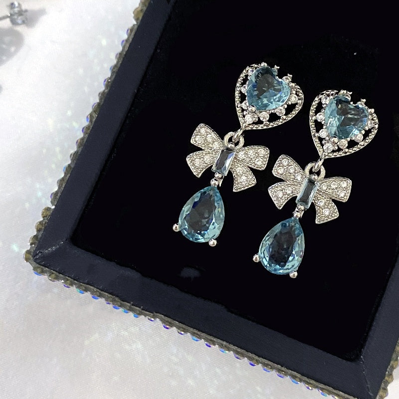 Micro-studded with diamond light sky Blue Bow earrings with heart -RS035