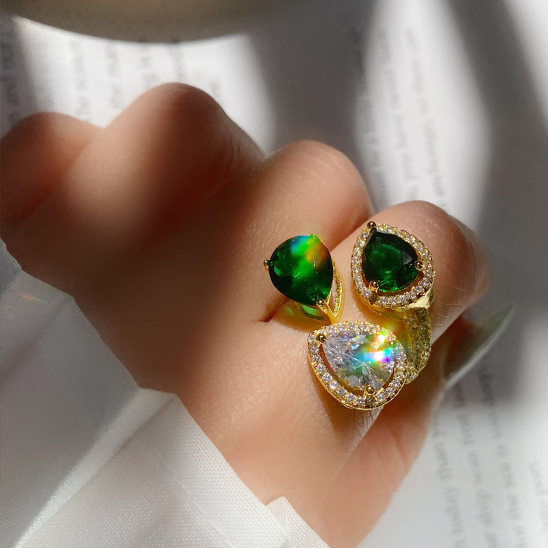 Malachite green zircon 18-karat gold water drop ring -JZ112G