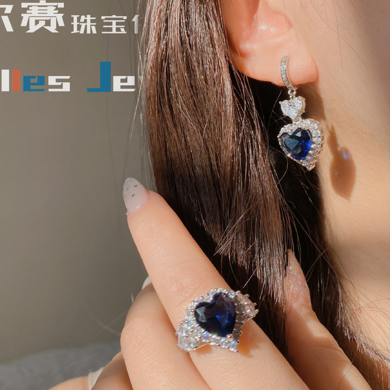 Heart-shaped Tanzanite blue earrings Ring Pendant 3-piece set JZ076+RS051+XL014