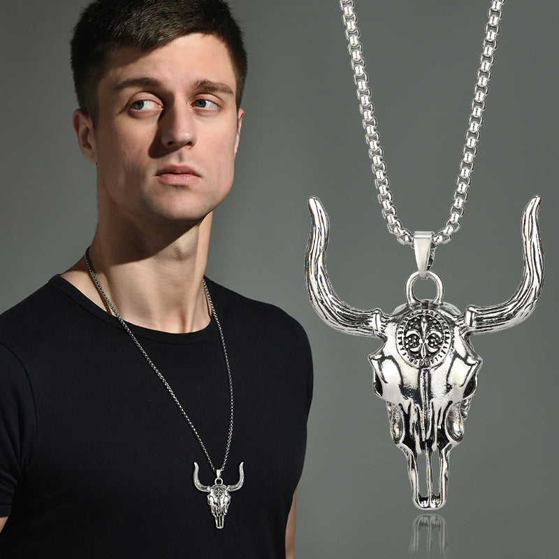 Western Wild bull Head Cool Man titanium steel necklace -NE249