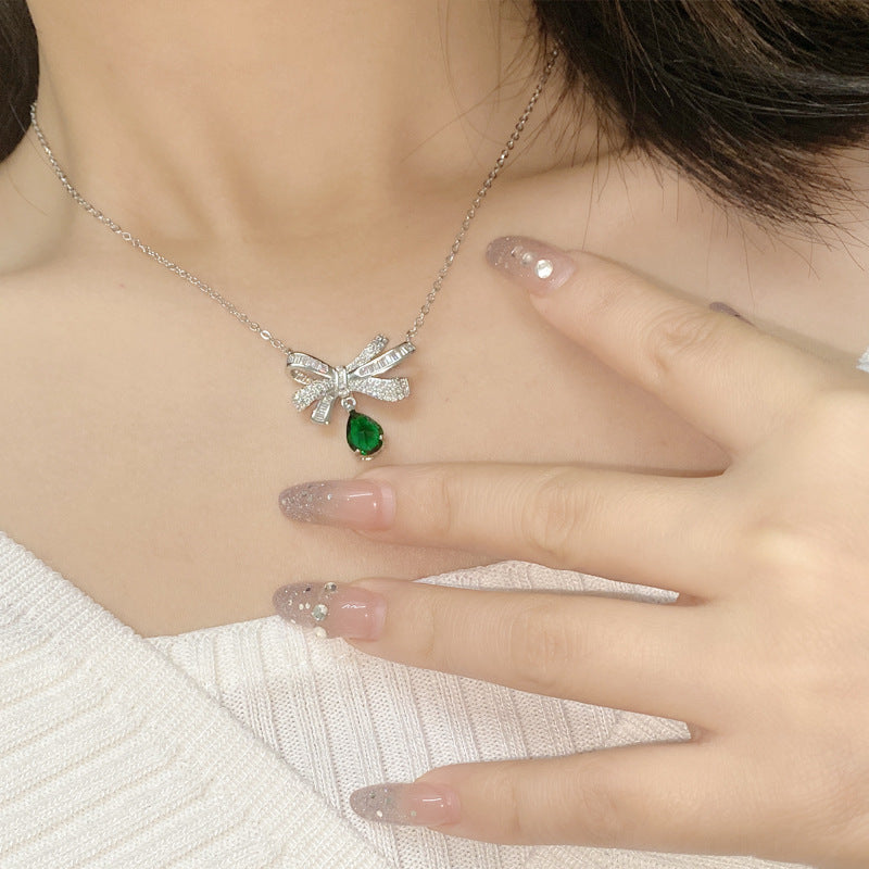 Water Drop green bow diamond necklace -XL006