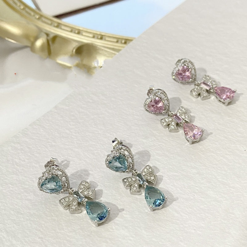 Micro-studded with diamond light sky Blue Bow earrings with heart -RS035