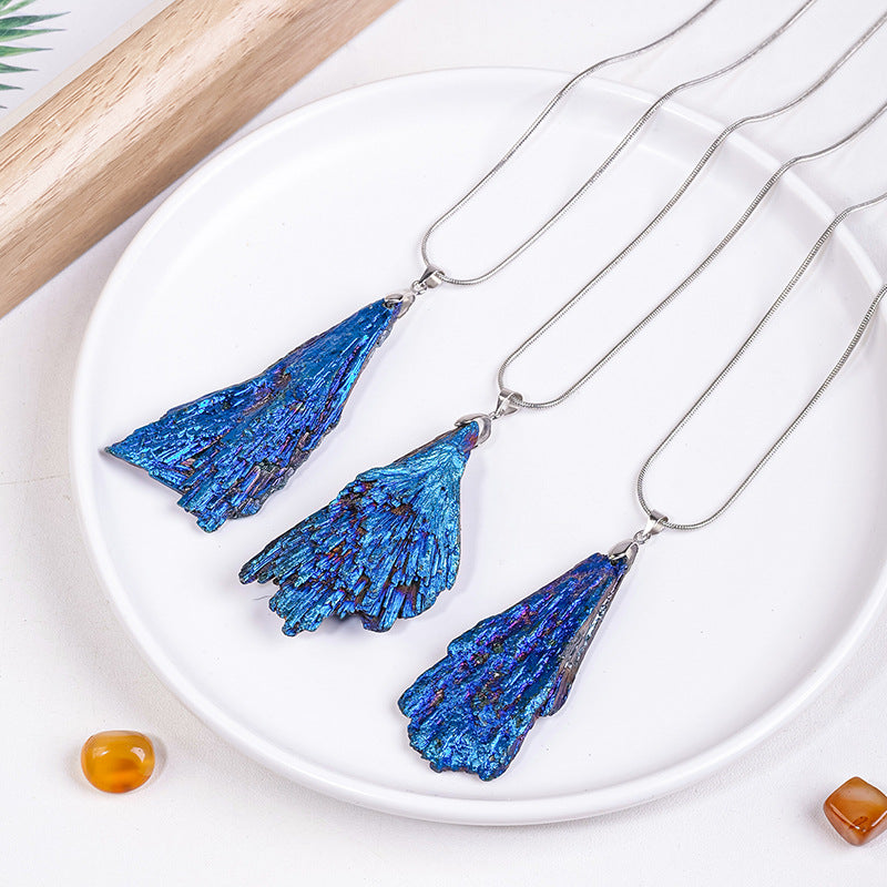 Black tourmaline plated blue pendant with silver chain -20191203