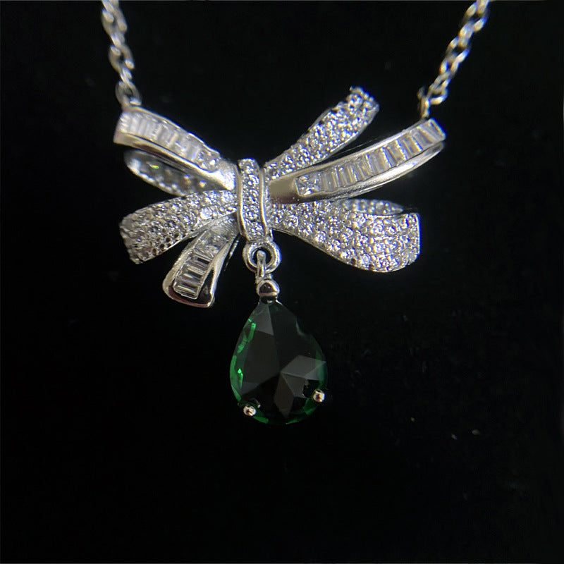 Water Drop green bow diamond necklace -XL006