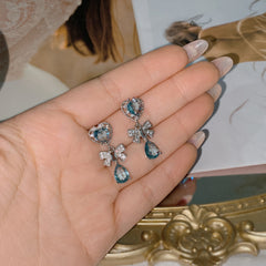 Micro-studded with diamond light sky Blue Bow earrings with heart -RS035