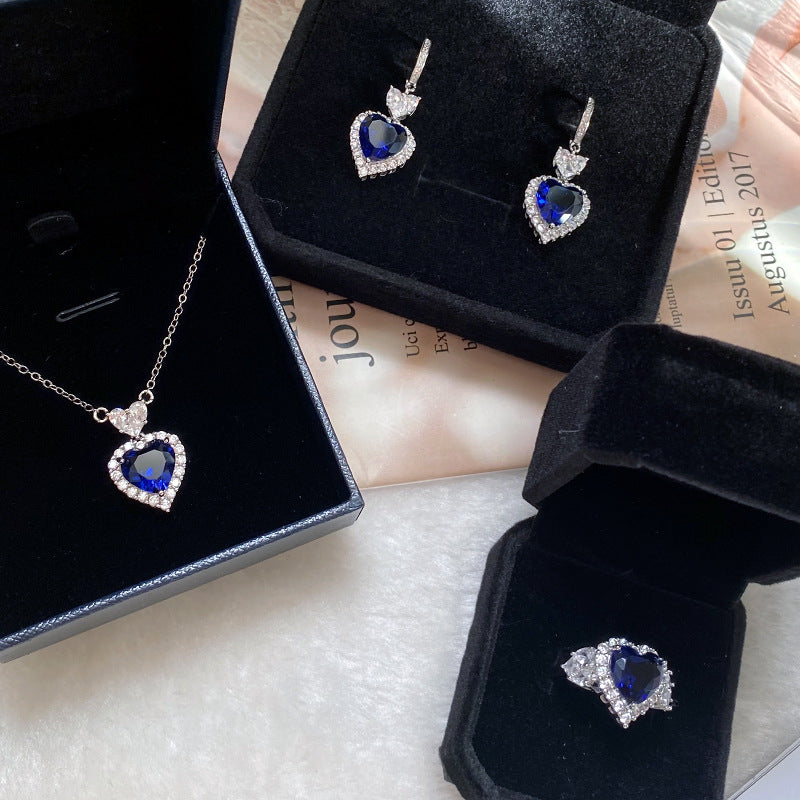 Heart-shaped Tanzanite blue earrings Ring Pendant 3-piece set JZ076+RS051+XL014