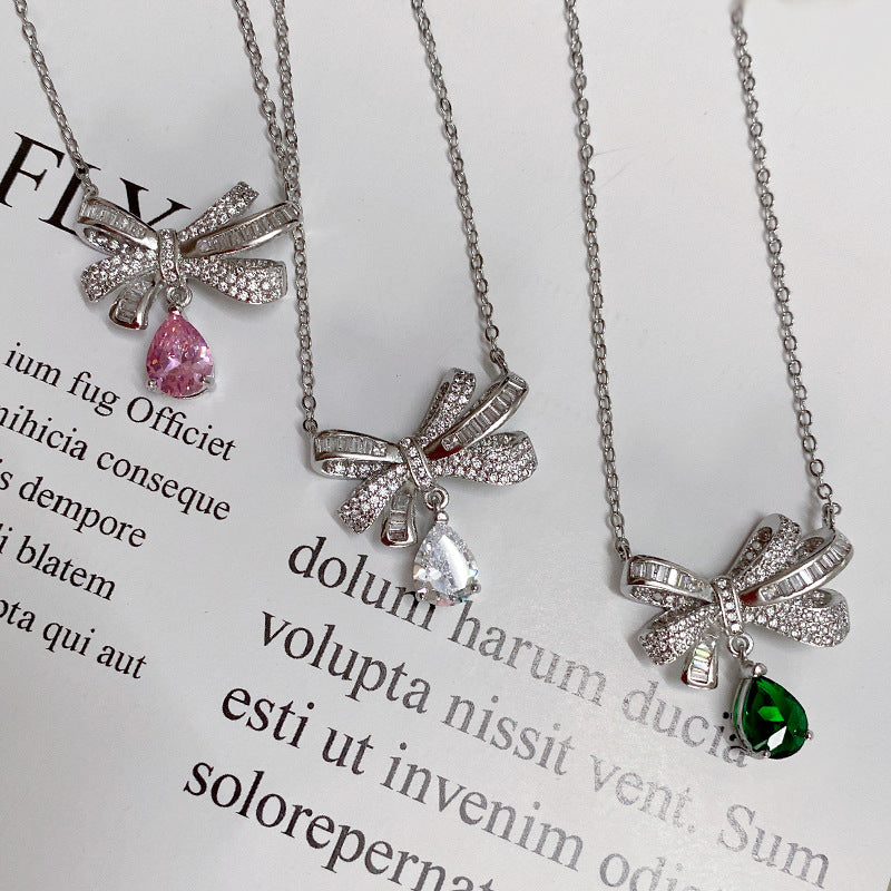 Water Drop green bow diamond necklace -XL006