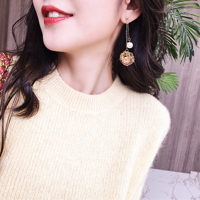 Gold thread wrapped pearl earrings -E859G