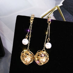 Gold thread wrapped pearl earrings -E859G