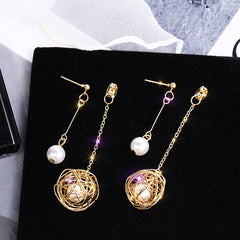 Gold thread wrapped pearl earrings -E859G