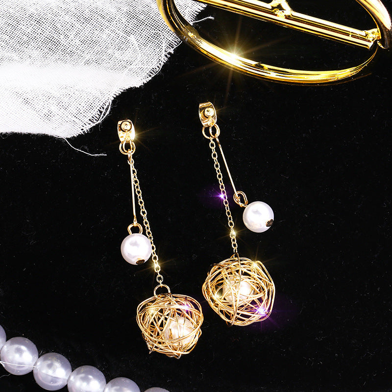Gold thread wrapped pearl earrings -E859G