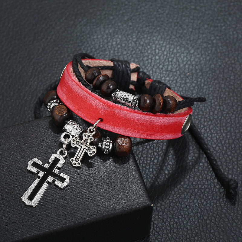 Punk Men's beaded cross cowhide Bracelet -B01353