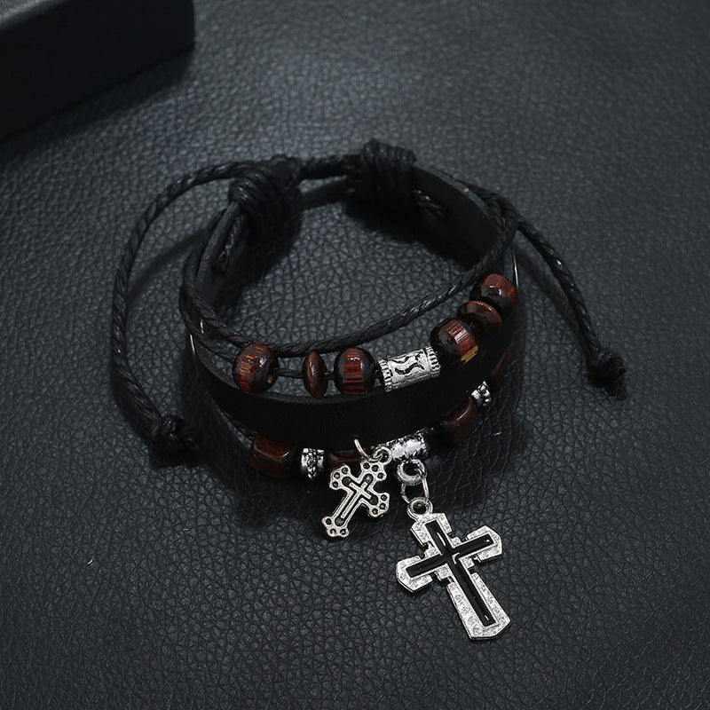 Punk men's Black beaded cross cowhide bracelet -B01353B