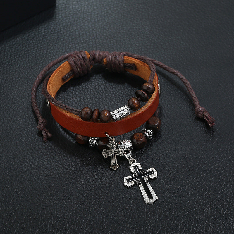 Punk Men's beaded cross cowhide Bracelet -B01353