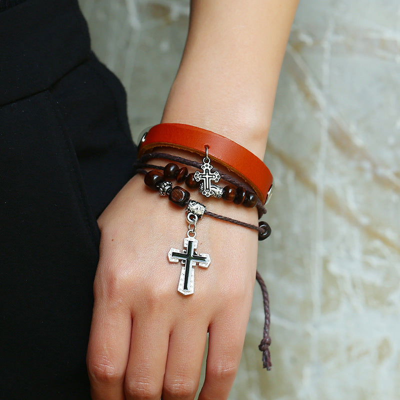 Punk Men's beaded cross cowhide Bracelet -B01353