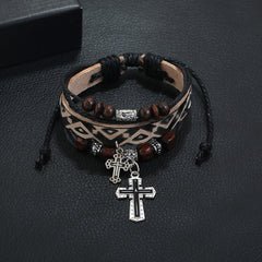 Punk Men's beaded cross cowhide Bracelet Vintage brand -B01353A