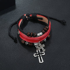 Punk Men's beaded cross cowhide Bracelet -B01353