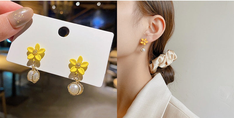 Yellow Flower Pearl Earrings -E2333G