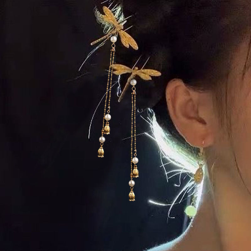Gold dragonfly with tassel small hairpin single -HA225G