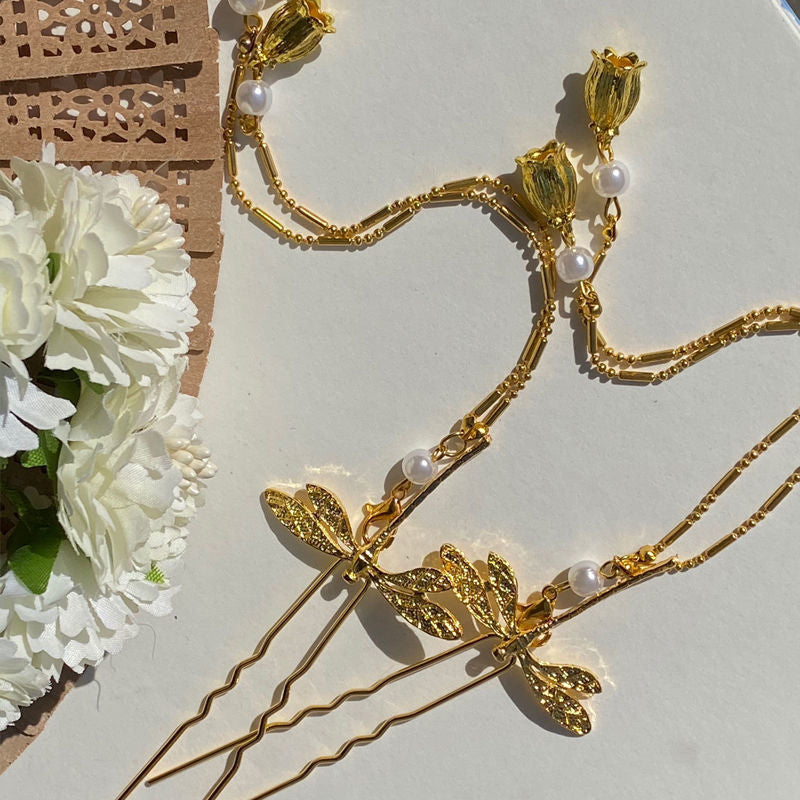 Gold dragonfly with tassel small hairpin single -HA225G