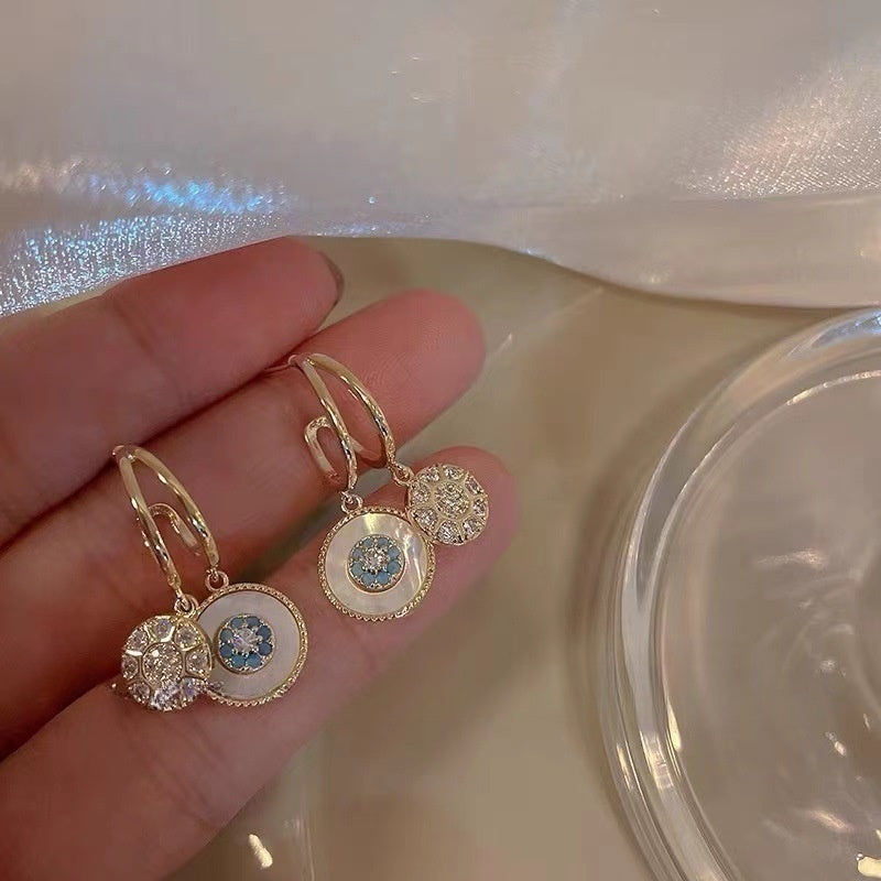 Diamond round earrings with blue flowers -YX0212G