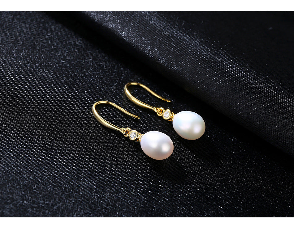 Temperament and versatile drop-shaped freshwater pearl S925 sterling silver gold-plated earrings-FE0018