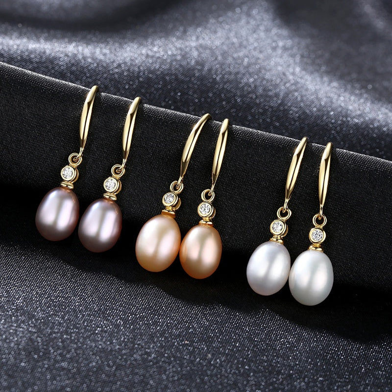 Temperament and versatile drop-shaped freshwater pearl S925 sterling silver gold-plated earrings-FE0018