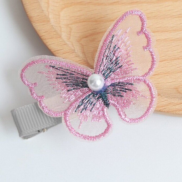 Pink Embroidered butterfly hairpin -HA215