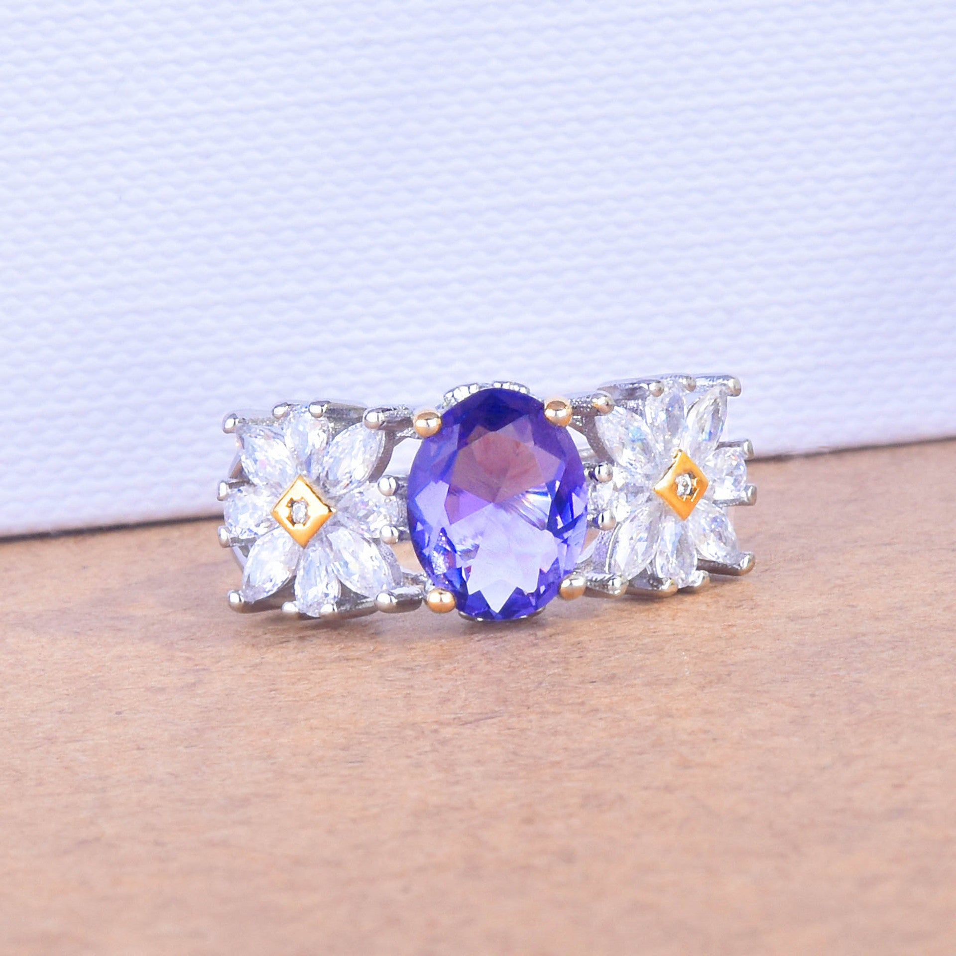 Small Daisy imitation amethyst two-color electroplated color treasure ring -MSR315