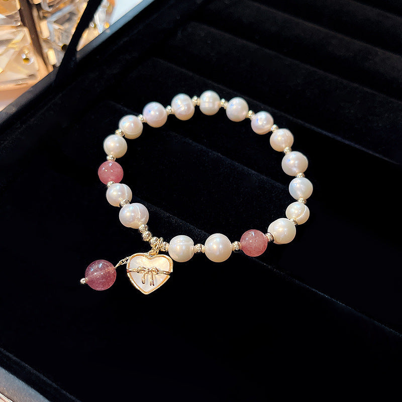 Love Bow Natural Freshwater Pearl Strawberry Crystal Bracelet -S188G