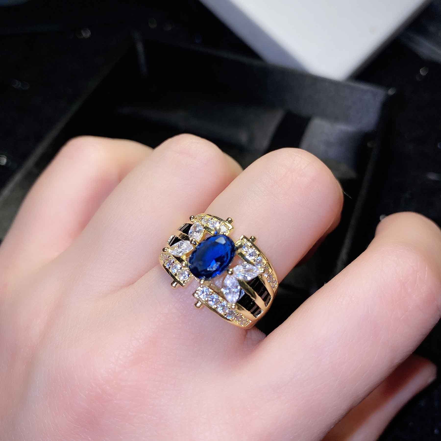 Lace engraved imitation blue diamond plated 18K gold ring -PRA042BL