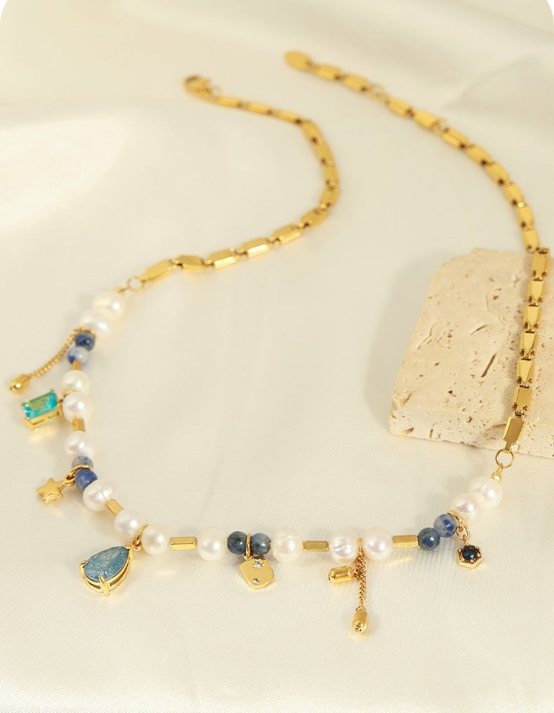 Royal style Gold plated freshwater pearl natural stone necklace-NE319G