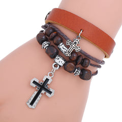 Punk Men's beaded cross cowhide Bracelet -B01353