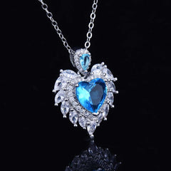 Heart Angel Wings Pendant Imitation Aquamarine Necklace -D1297BLU