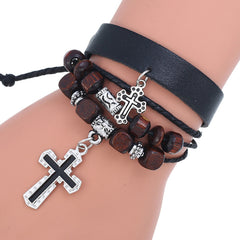 Punk men's Black beaded cross cowhide bracelet -B01353B