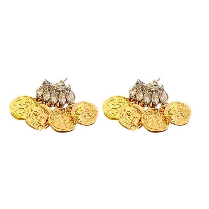 Design sense micro inset Zircon gold coin earrings female -DMS00060