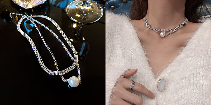 Gold double layer wear flash diamond large pearl necklace -X334G