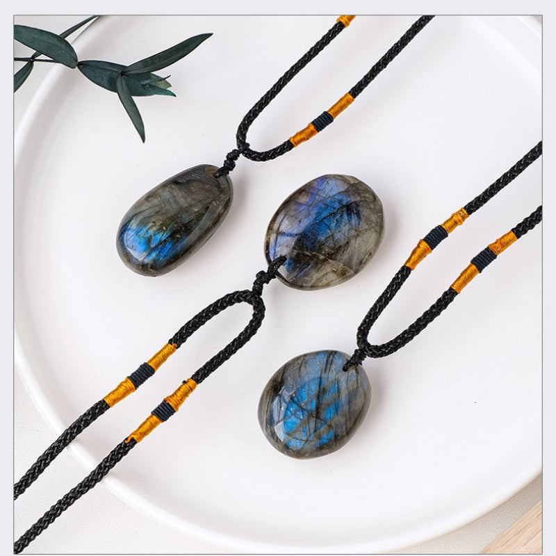 Natural strong blue moonlight elongated stone stone pendant -20200814