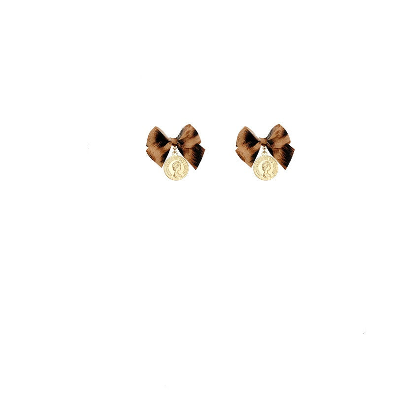 S925 Silver Pin Autumn/Winter Leopard Print Bow Stud Earrings -E4432G