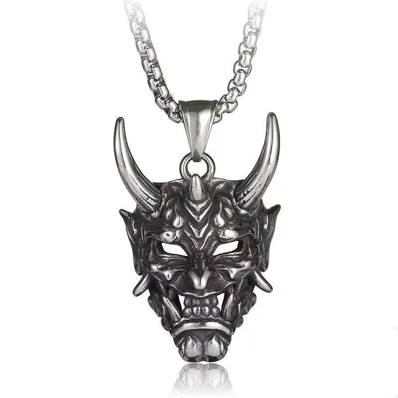 Men's Ghost Mask Silver Horn Prajna Necklace Halloween gift -NE276S