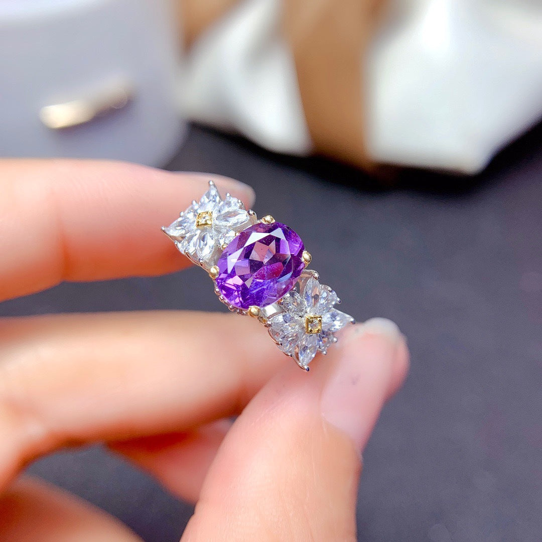 Small Daisy imitation amethyst two-color electroplated color treasure ring -MSR315