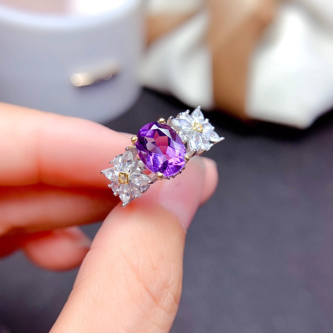 Small Daisy imitation amethyst two-color electroplated color treasure ring -MSR315