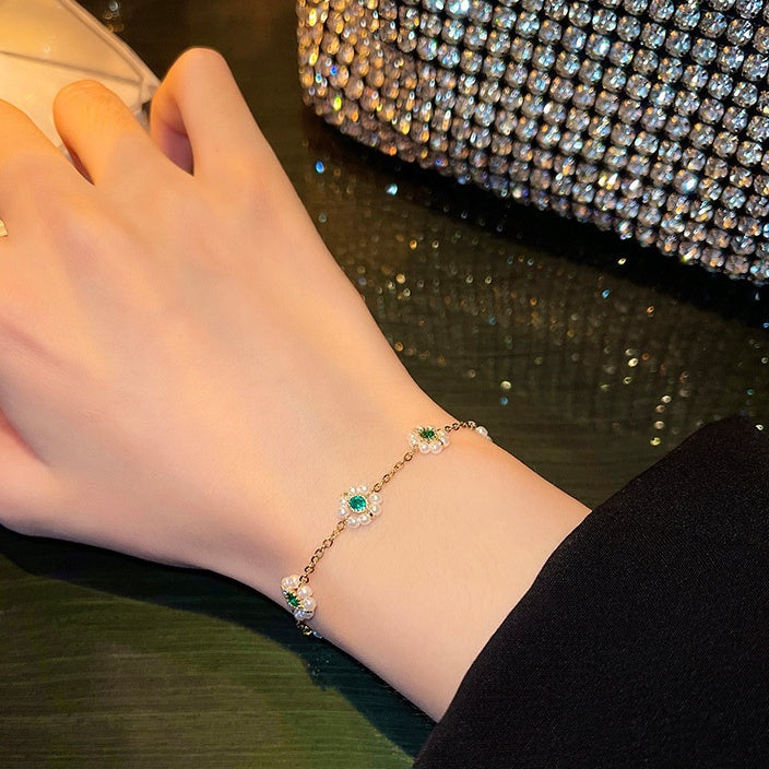 Pearl petal emerald design  titanium steel bracelet -S145G