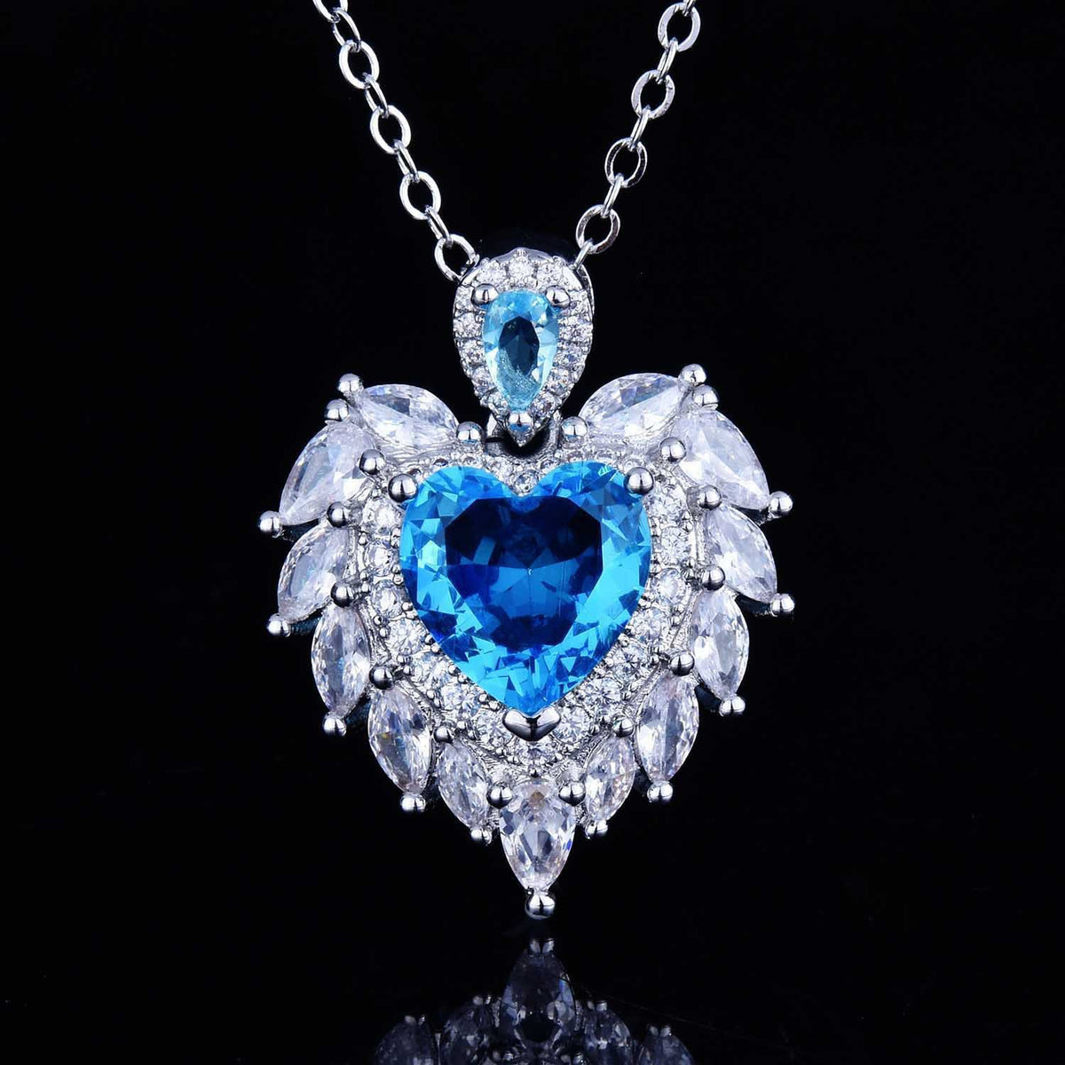 Heart Angel Wings Pendant Imitation Aquamarine Necklace -D1297BLU